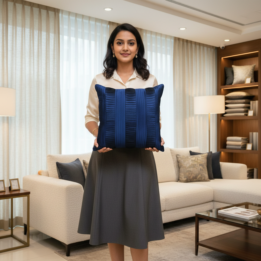Navy Pleated Cushion Cover - Linens Studio CC-406 view 2