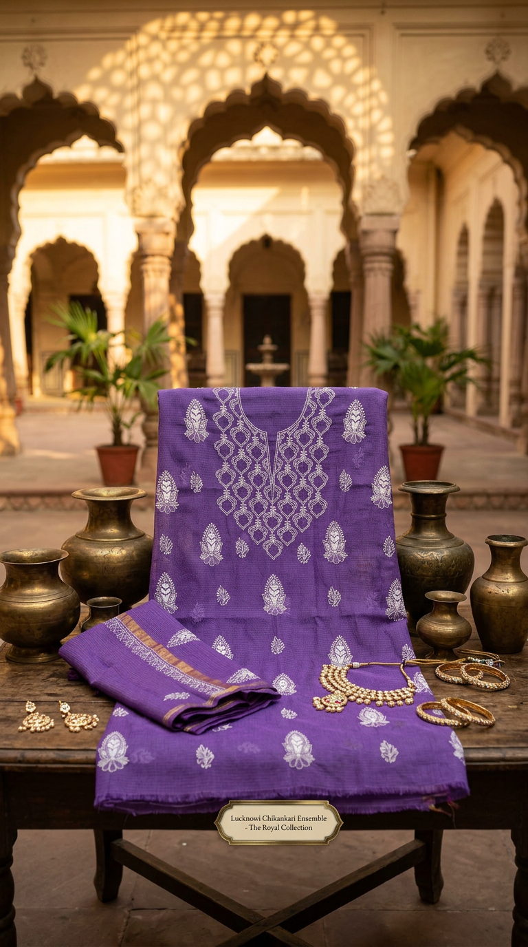Lucknow Chikankaari Hand Embroidered Kota Silk Unstitched Suit view 2