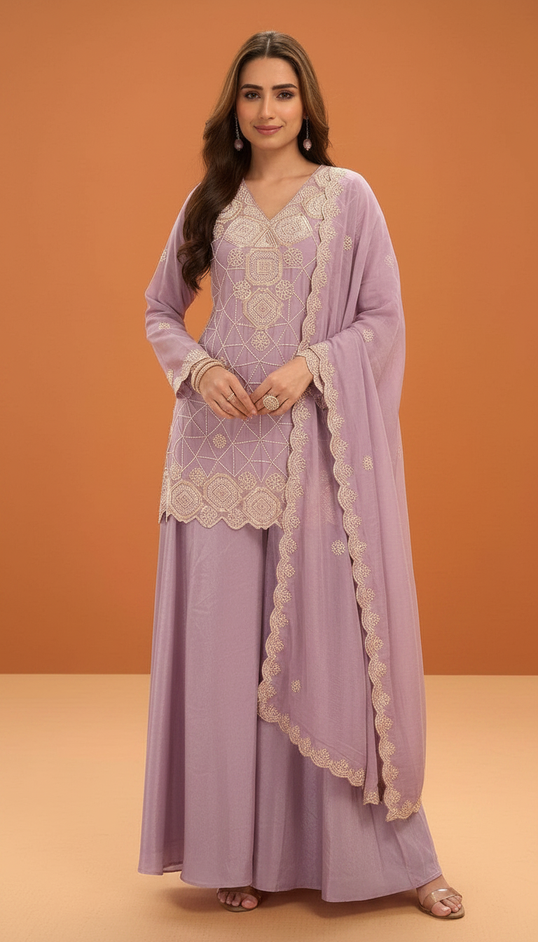 Aarohi Embroidered Stitched Flapper Suit / HC002433 /Lavender view 4