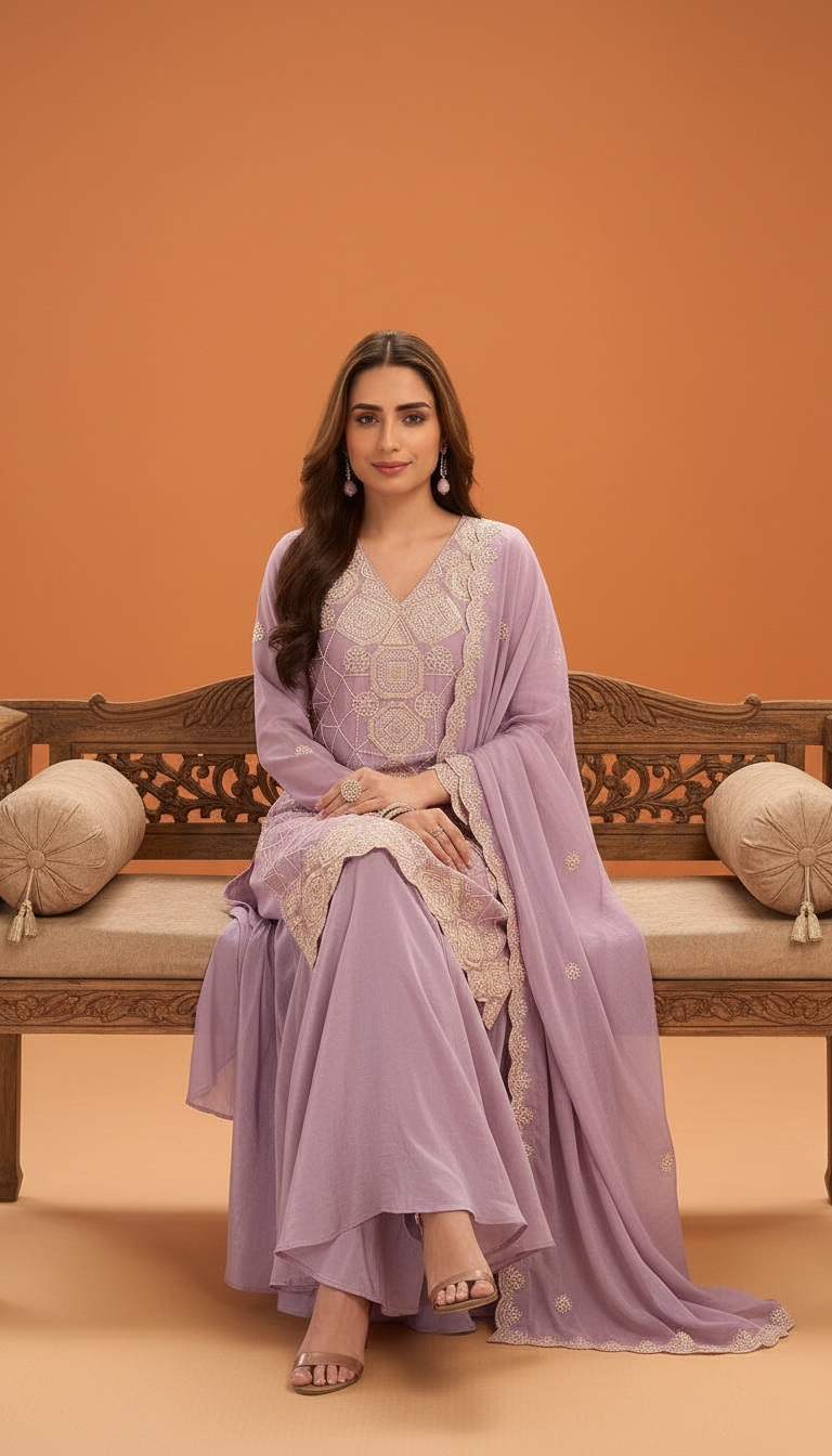 Aarohi Embroidered Stitched Flapper Suit / HC002433 /Lavender view 2