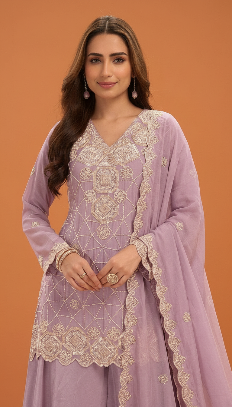 Aarohi Embroidered Stitched Flapper Suit / HC002433 /Lavender view 3