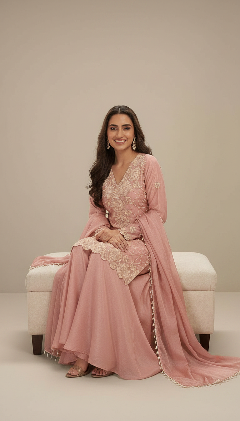 Aarohi Embroidered Stitched Flapper Suit / HC002433 /BABY PINK view 3