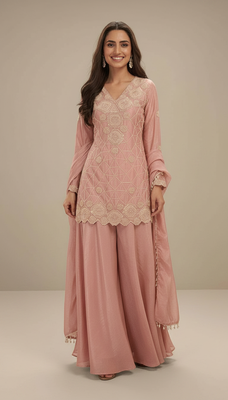 Aarohi Embroidered Stitched Flapper Suit / HC002433 /BABY PINK view 4