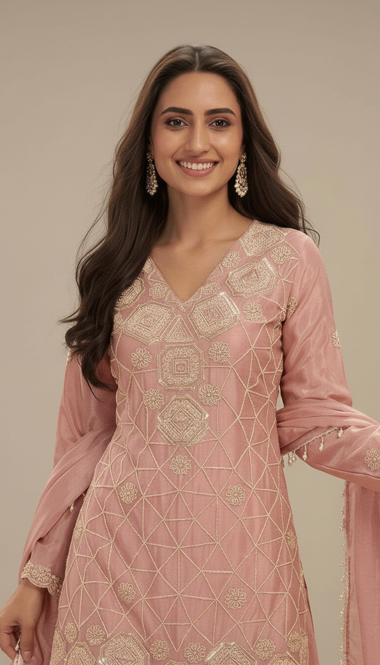Aarohi Embroidered Stitched Flapper Suit / HC002433 /BABY PINK view 2