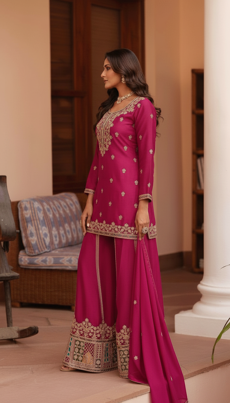 Monika Embroidered Stitched Flapper Suit / HC002434 / Pink view 3