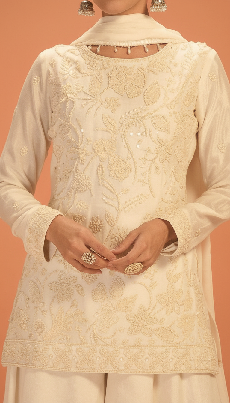 Madhubala Embroidered Stitched Flapper Suit / HC002432 / CREAM view 3