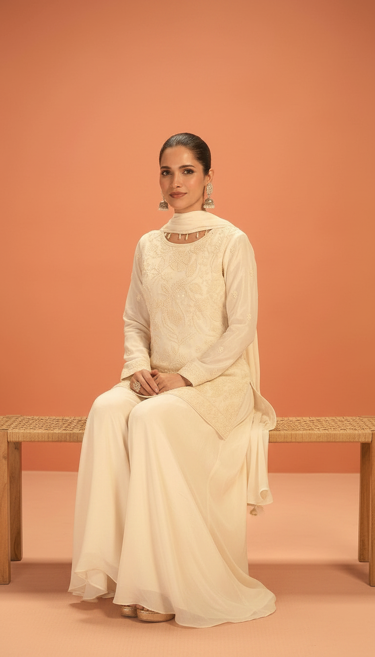 Madhubala Embroidered Stitched Flapper Suit / HC002432 / CREAM view 2