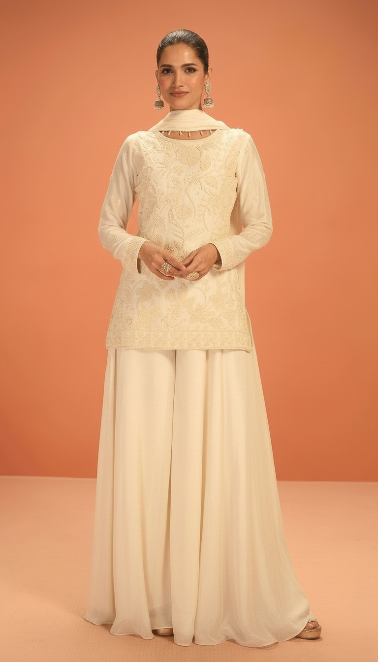Madhubala Embroidered Stitched Flapper Suit / HC002432 / CREAM view 4