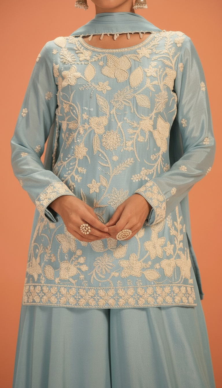 Madhubala Embroidered Stitched Flapper Suit / HC002432/ Sky Blue view 4