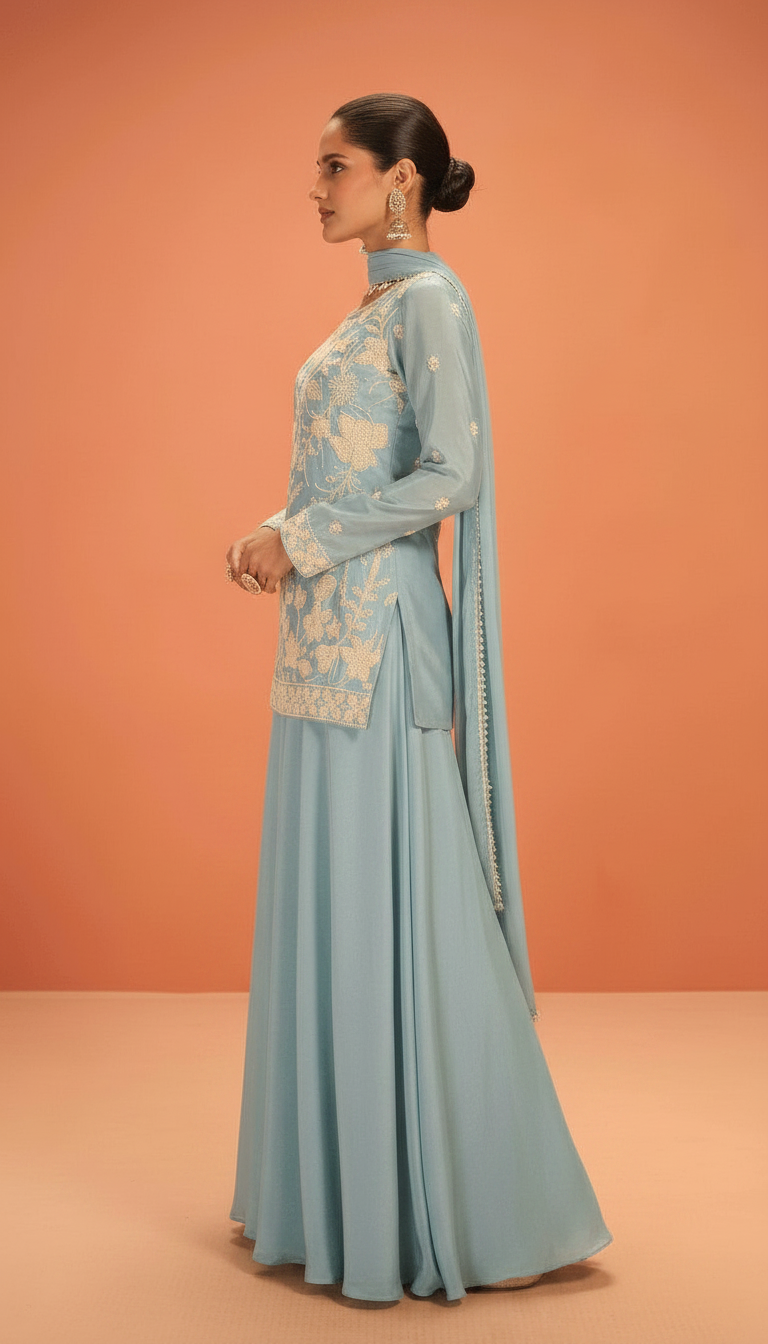 Madhubala Embroidered Stitched Flapper Suit / HC002432/ Sky Blue view 2