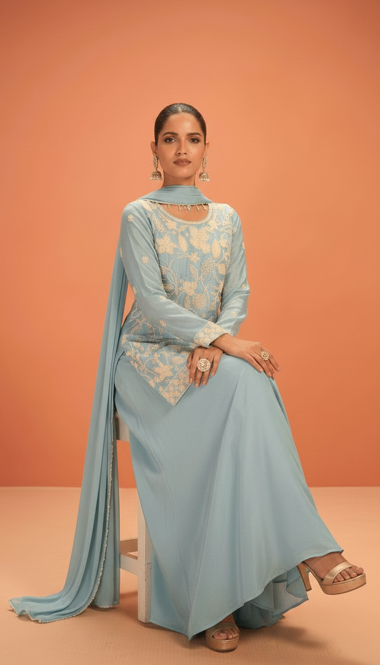 Madhubala Embroidered Stitched Flapper Suit / HC002432/ Sky Blue view 3