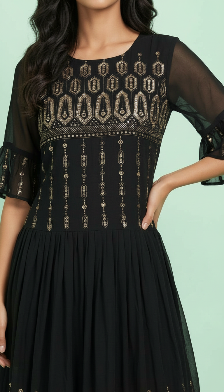 DESIGNER HEAVY GEORGETTE GOWN WITH SEQUENCE EMBROIDERY WORK / Black / HC001673 view 3