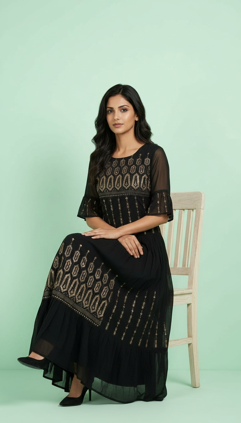 DESIGNER HEAVY GEORGETTE GOWN WITH SEQUENCE EMBROIDERY WORK / Black / HC001673 view 4
