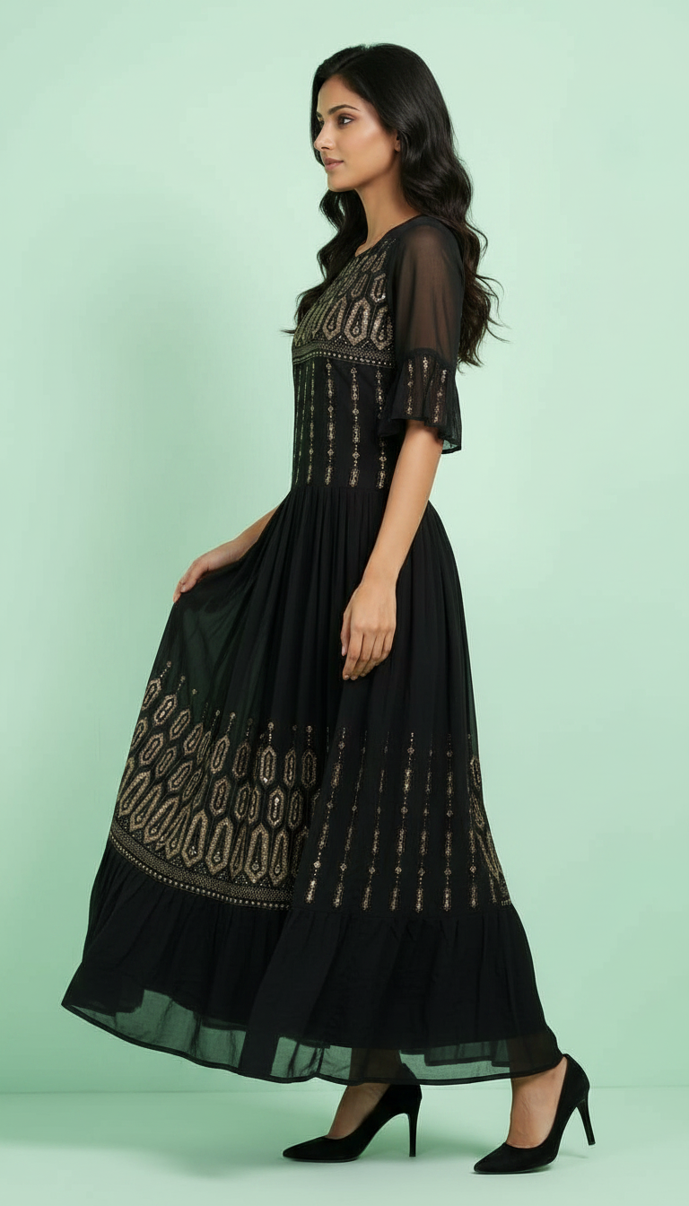 DESIGNER HEAVY GEORGETTE GOWN WITH SEQUENCE EMBROIDERY WORK / Black / HC001673 view 2