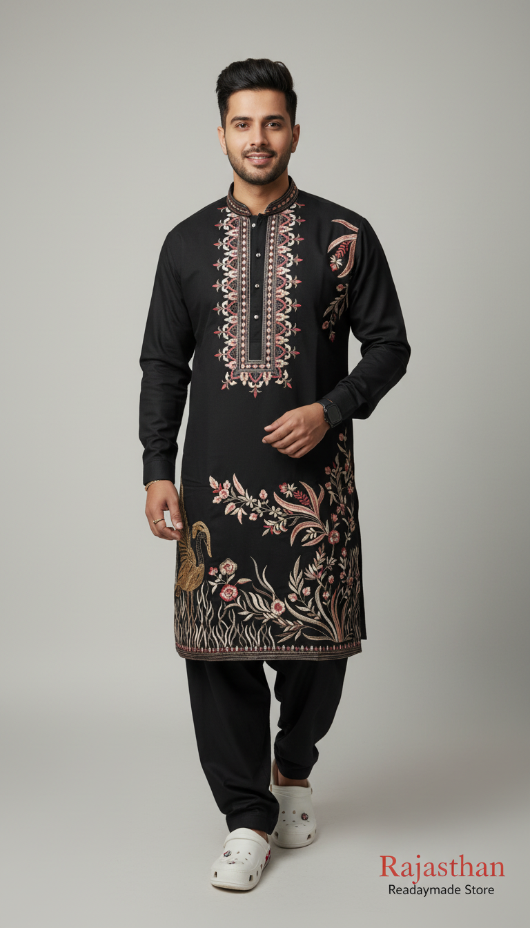 Black Kurta with Gold Swan Embroidery