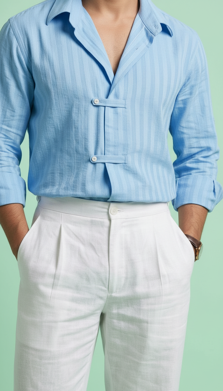 Blue Stripe Shirt With Linen Pants view 2