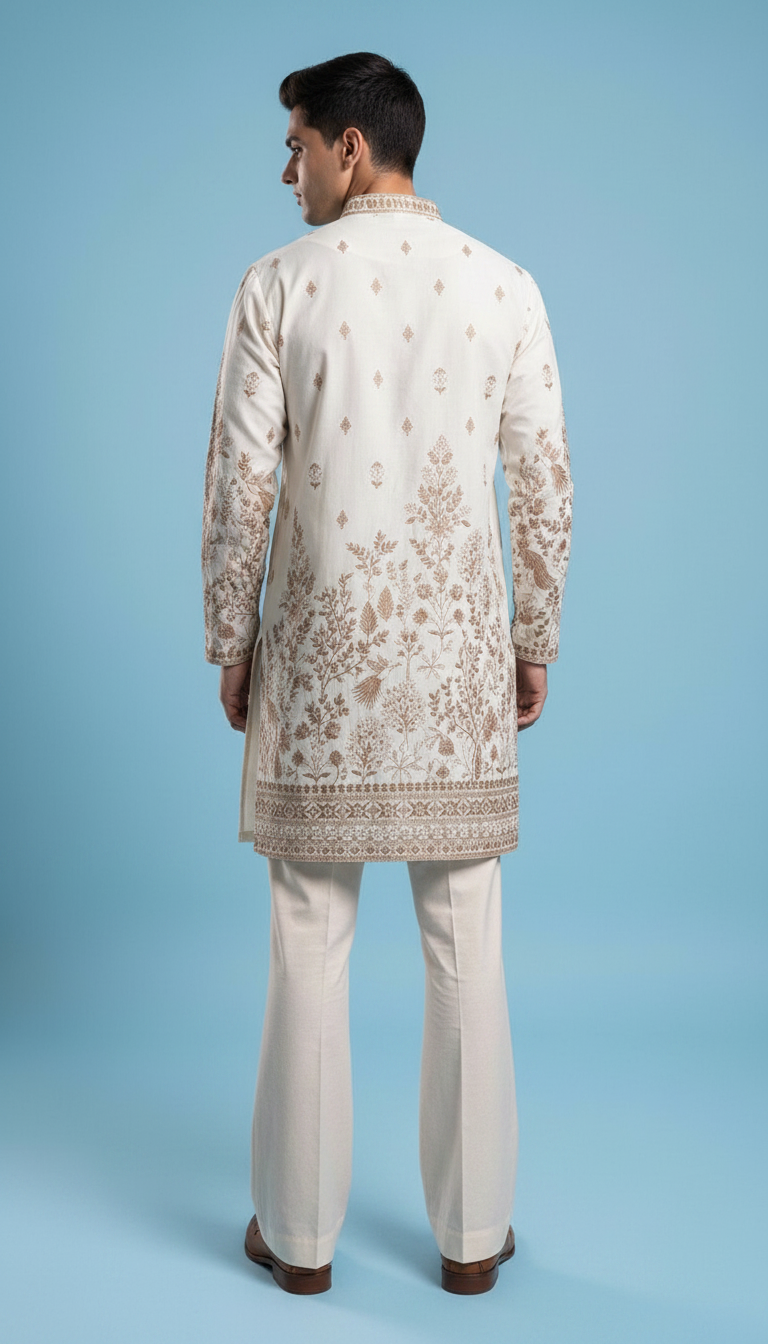 Ivory Embroidered Kurta Set with Tailored Flared Trousers view 6