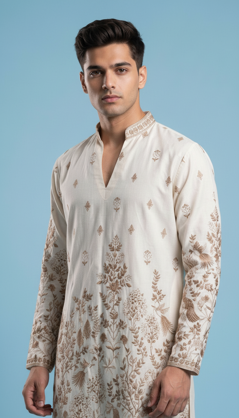 Ivory Embroidered Kurta Set with Tailored Flared Trousers view 3