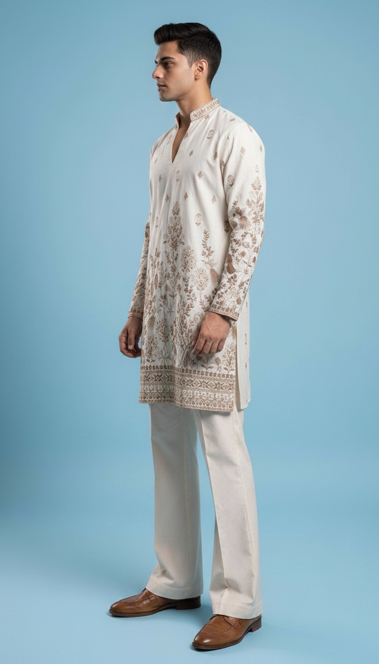 Ivory Embroidered Kurta Set with Tailored Flared Trousers view 4