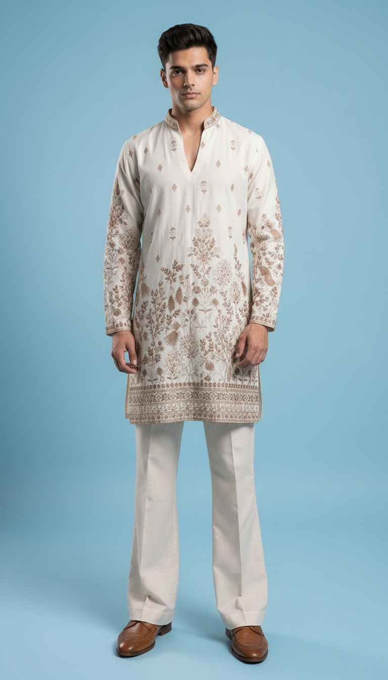 Ivory Embroidered Kurta Set with Tailored Flared Trousers view 5
