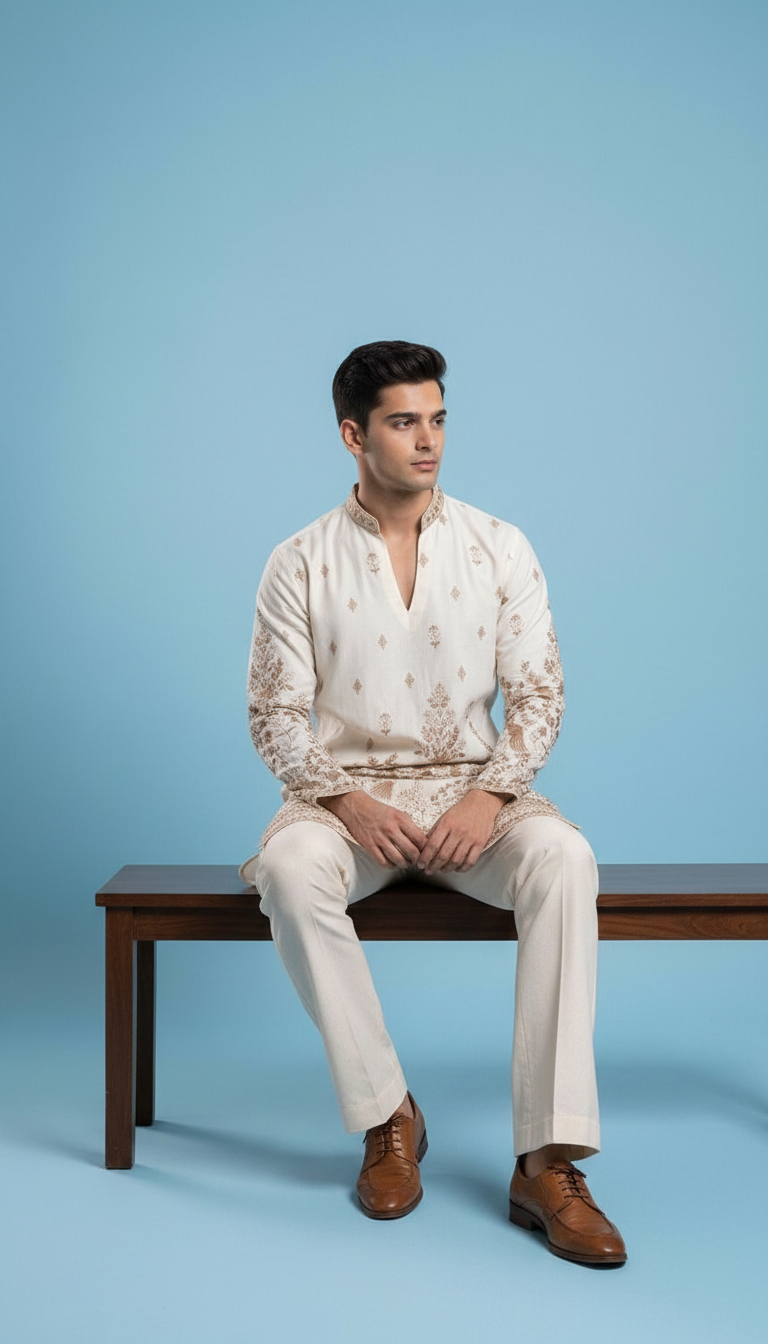 Ivory Embroidered Kurta Set with Tailored Flared Trousers view 2