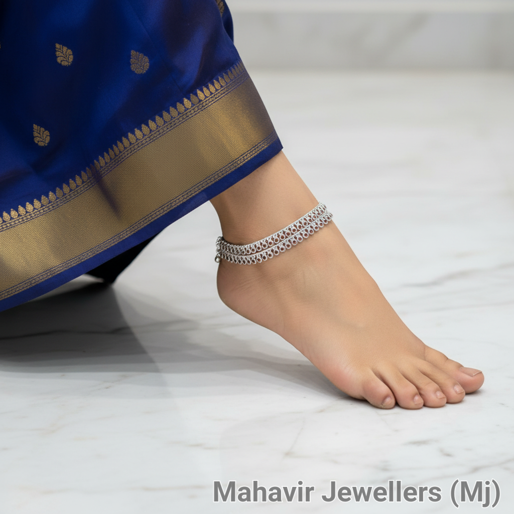 Girls Silver Anklets With Red Colour