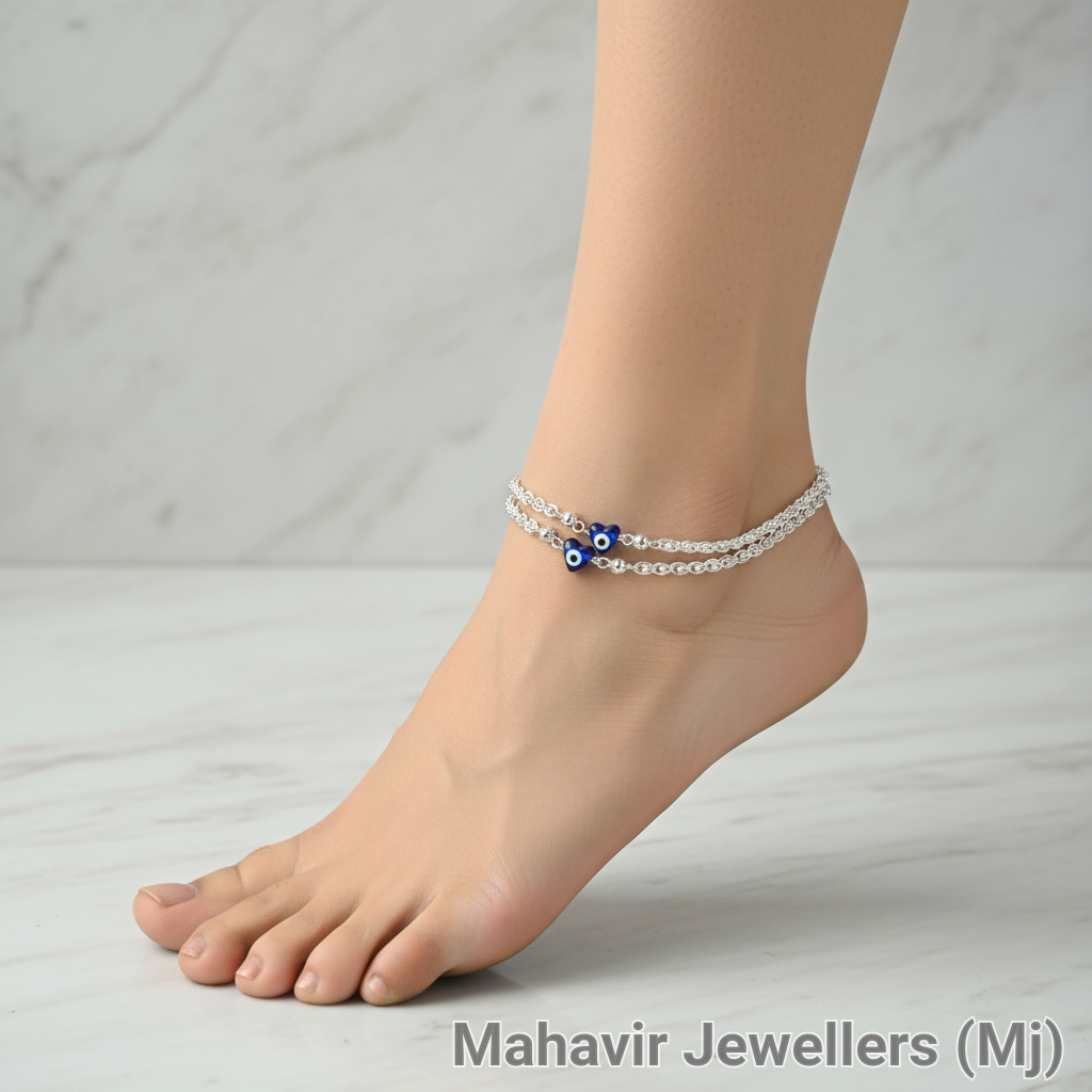 Girls Silver Anklet With Heart Evil Eye view 2