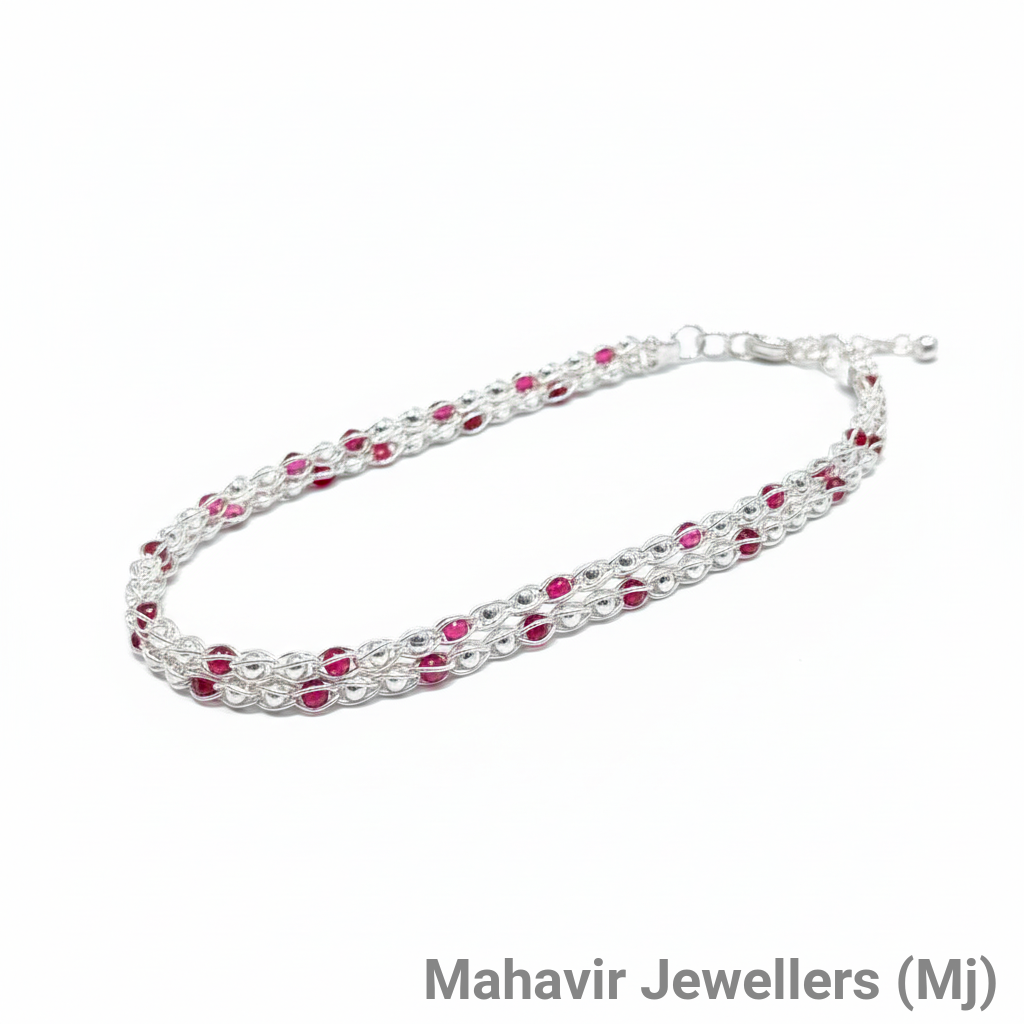 Ladies Silver Anklet with Red Stones view 2