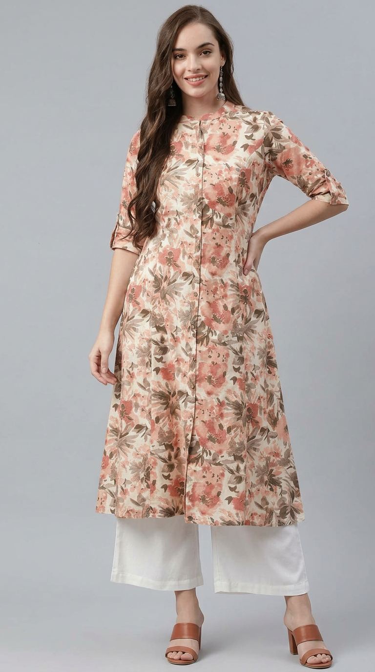Khadi Cotton Floral Long Kurta