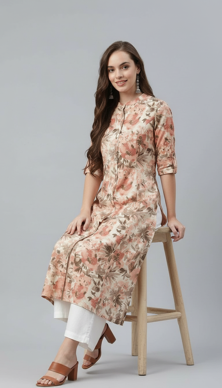 Khadi Cotton Floral Long Kurta view 3