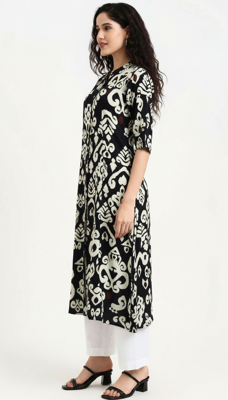Cotton Black and White A-Line Kurta view 4