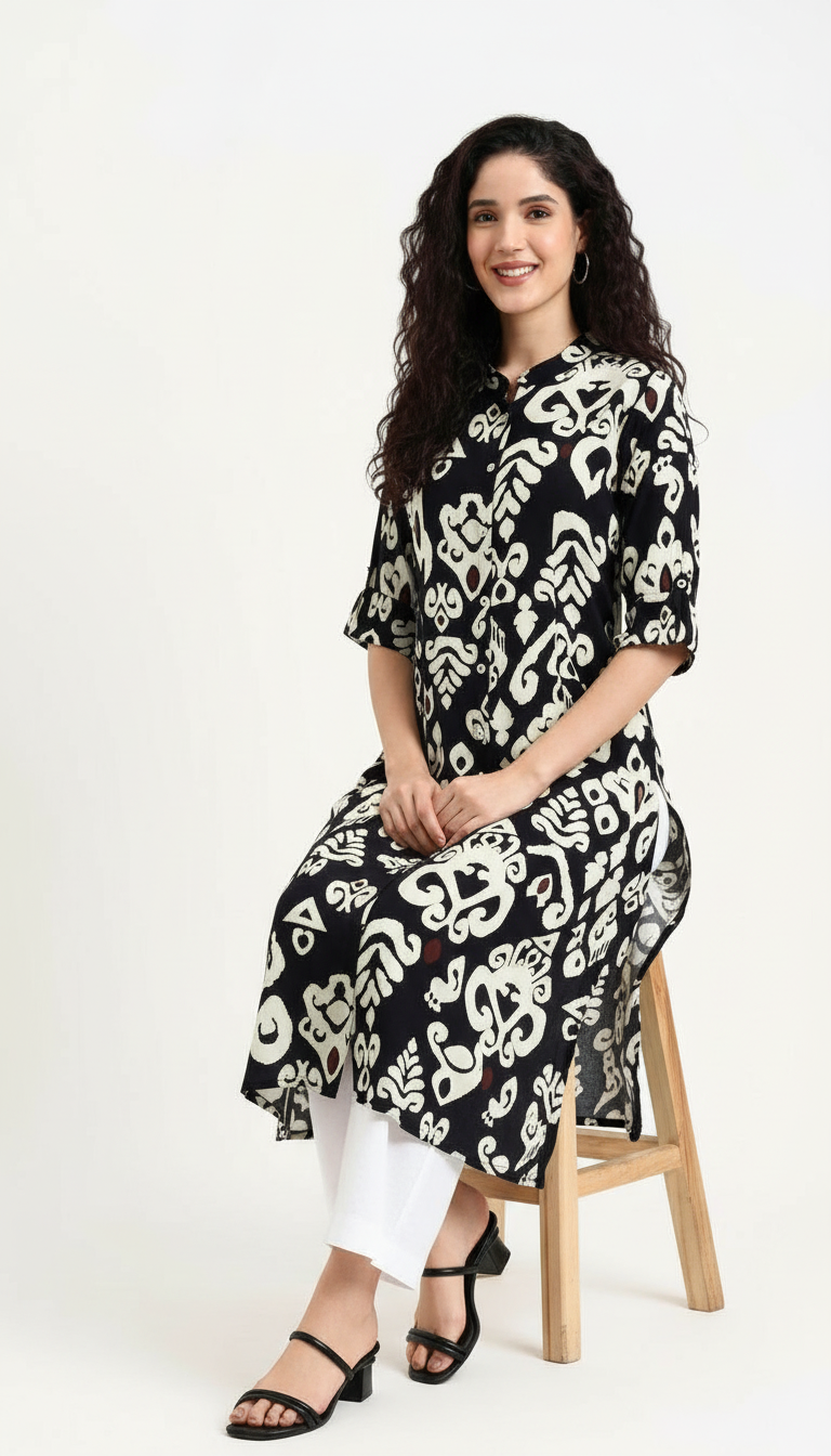 Cotton Black and White A-Line Kurta view 2