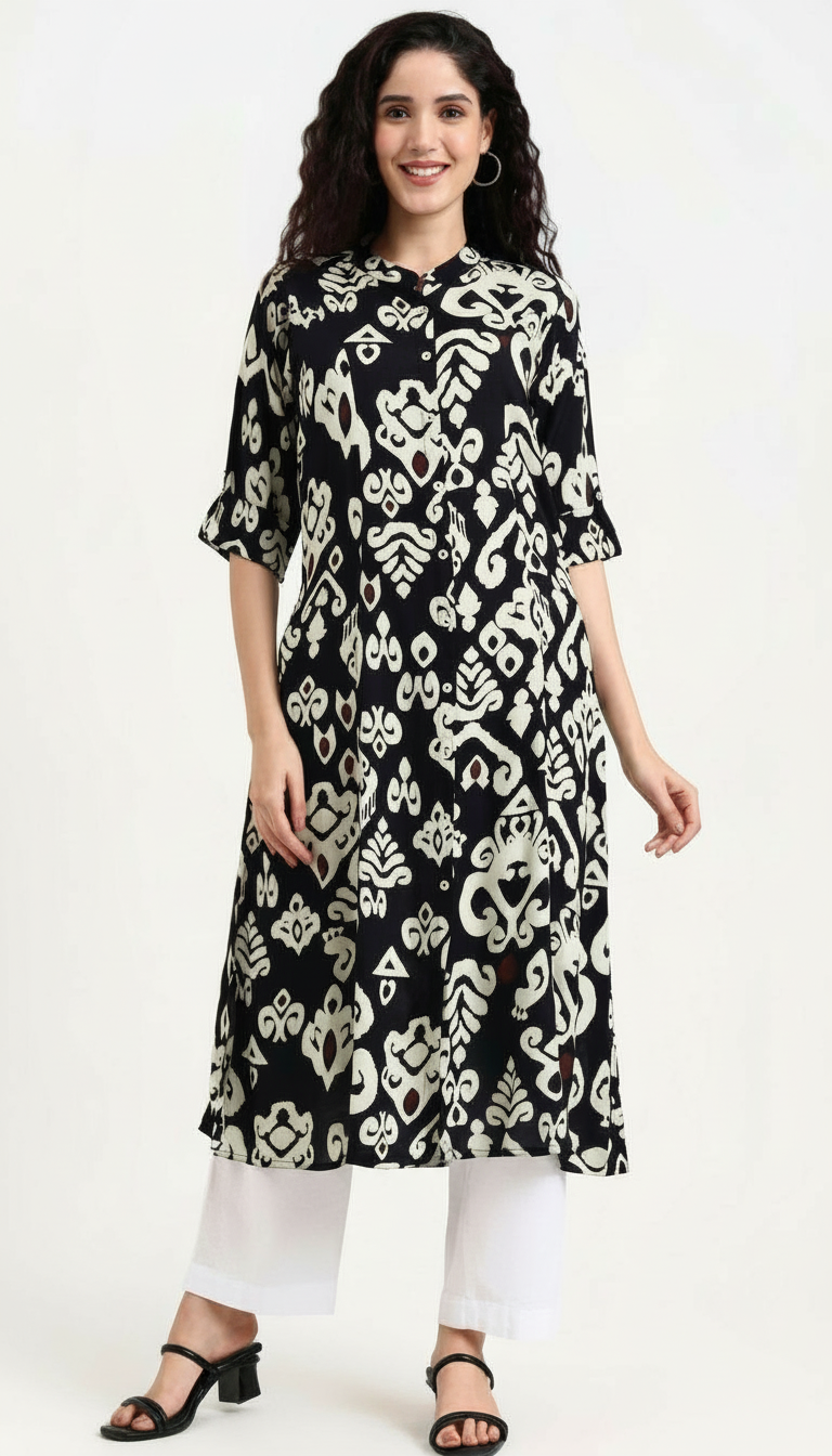 Cotton Black and White A-Line Kurta