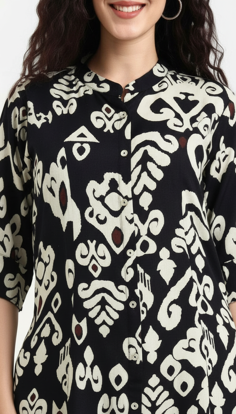 Cotton Black and White A-Line Kurta view 3