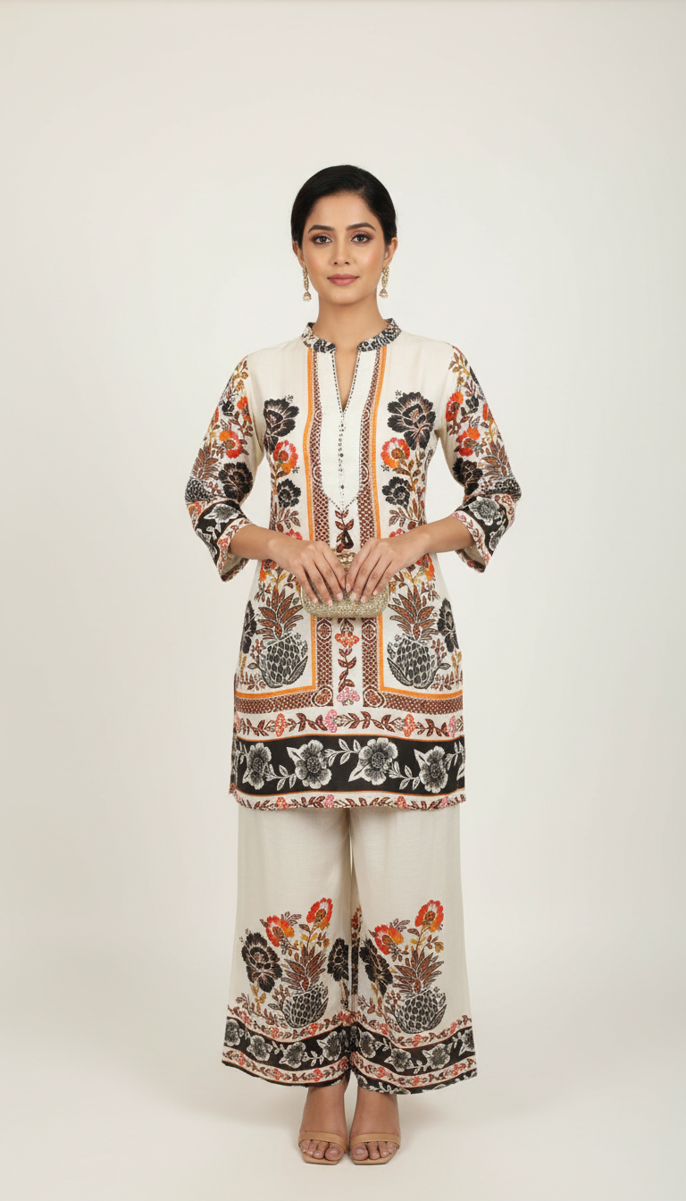 Silk Off white Printed Cordset