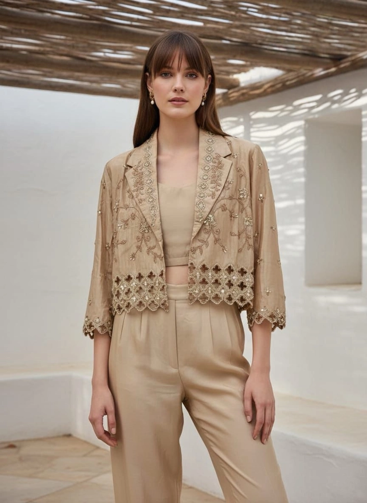 Embroidered Beige Crop Top Jacket Plazzo
