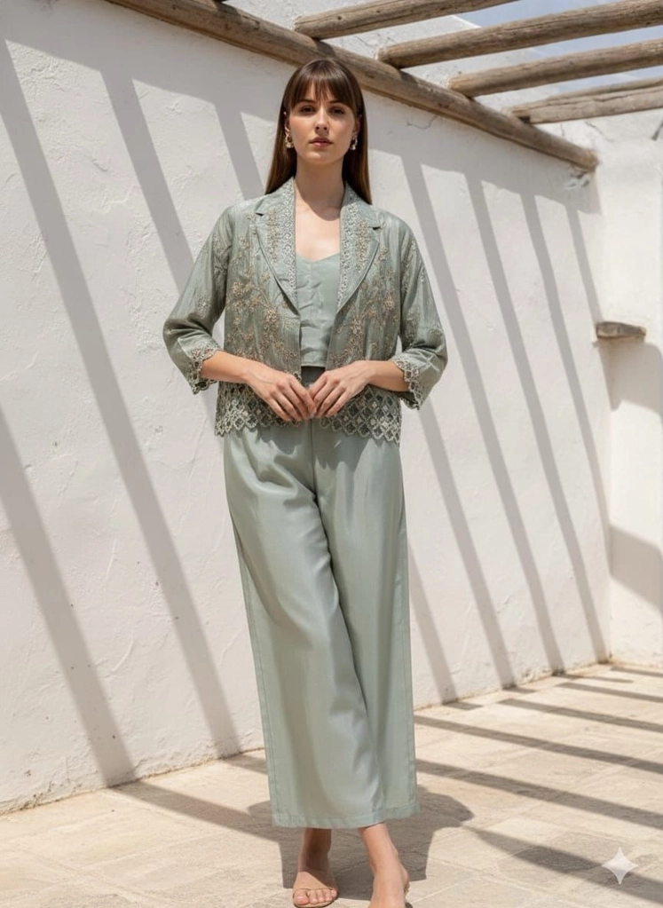 Crepe Crop Top Plazo With Jacket view 3