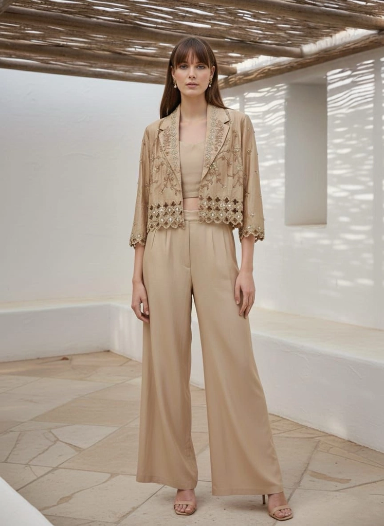 Embroidered Beige Crop Top Jacket Plazzo view 2