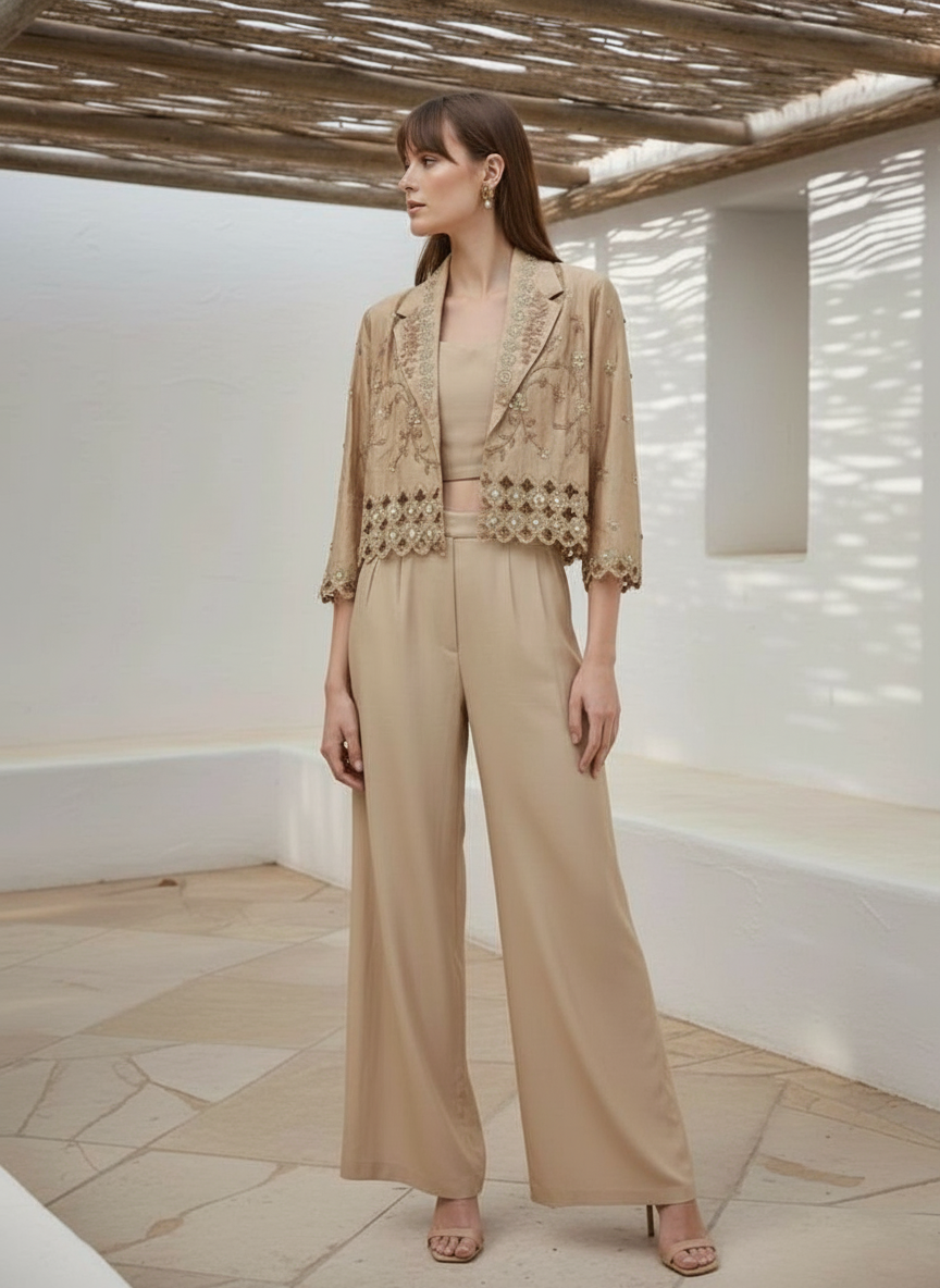 Embroidered Beige Crop Top Jacket Plazzo view 4