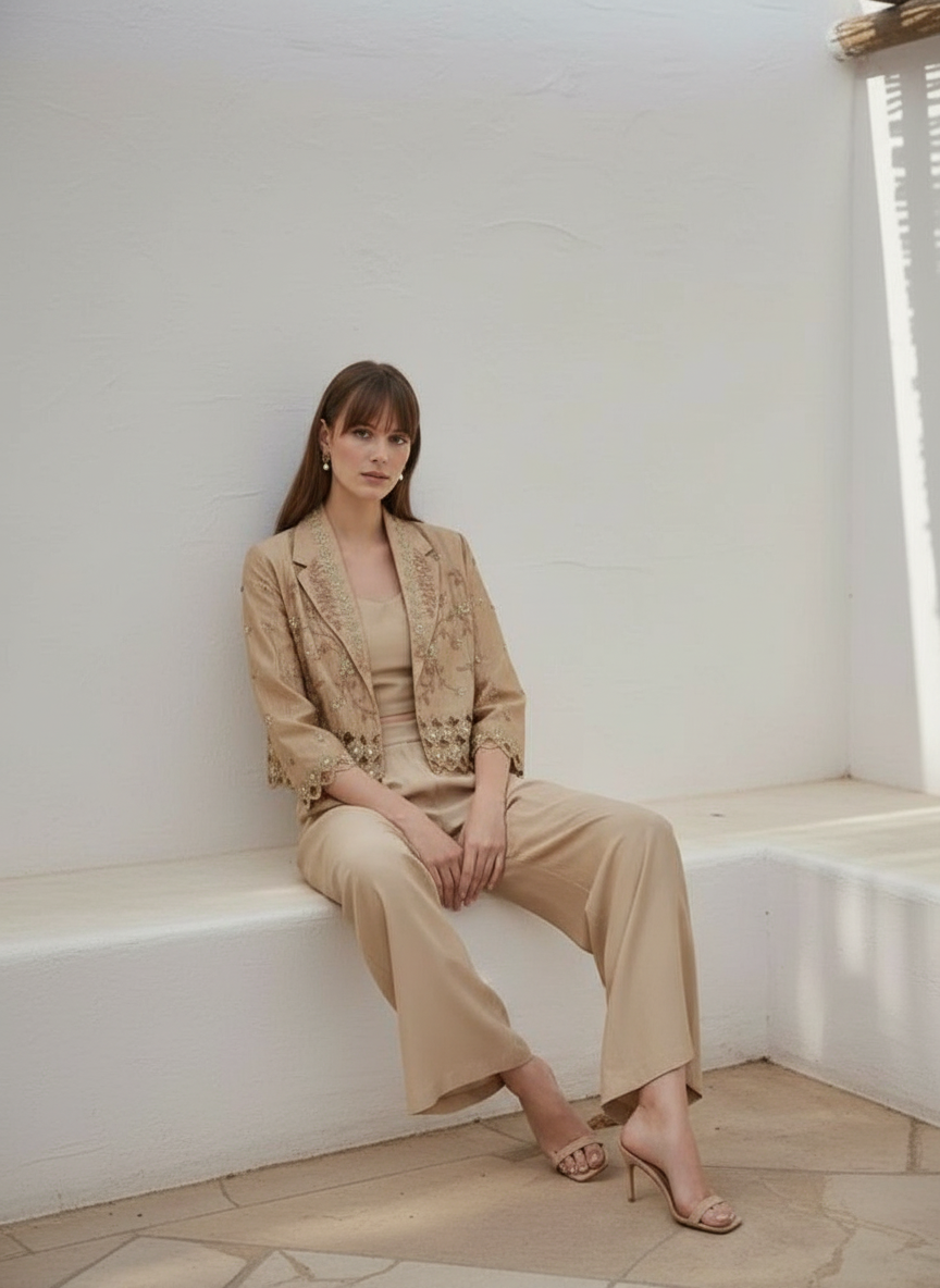 Embroidered Beige Crop Top Jacket Plazzo view 3