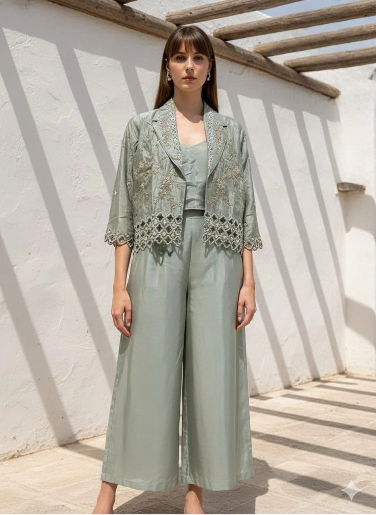 Crepe Crop Top Plazo With Jacket