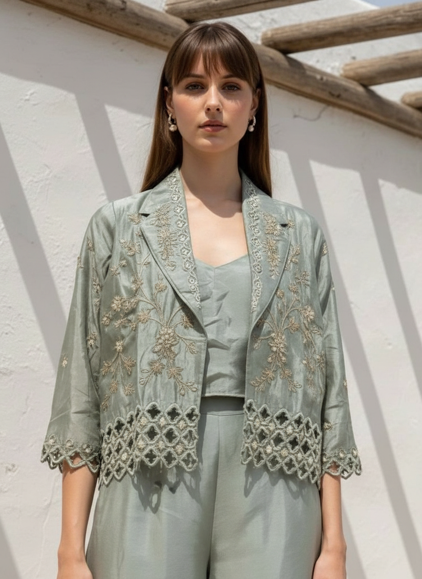 Crepe Crop Top Plazo With Jacket view 2