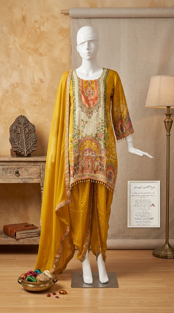 A-Line Yellow Elegant Dhoti Set