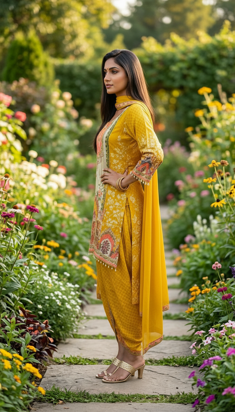 A-Line Yellow Elegant Dhoti Set view 5