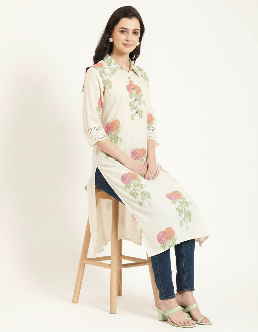 Floral Print Khadi Cotton Kurti