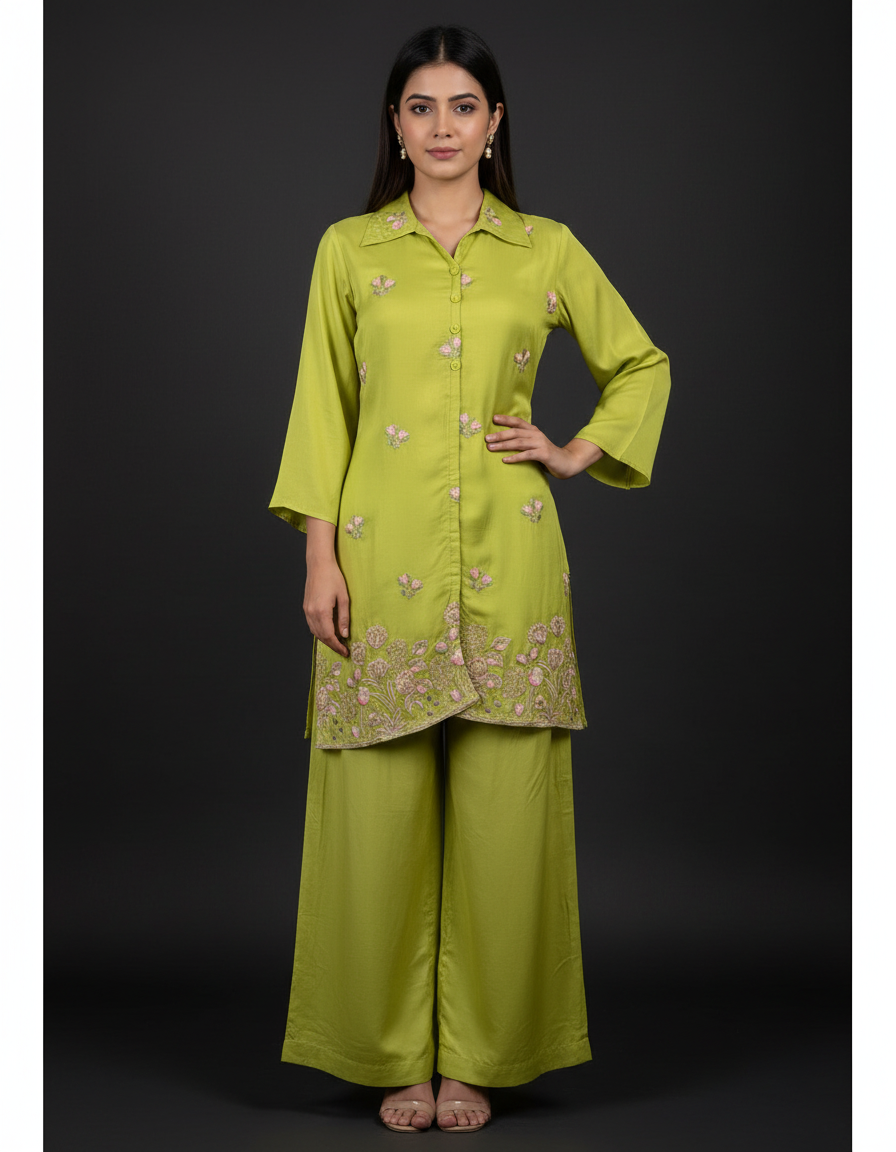 Green Embroidered Co-ord Set view 3