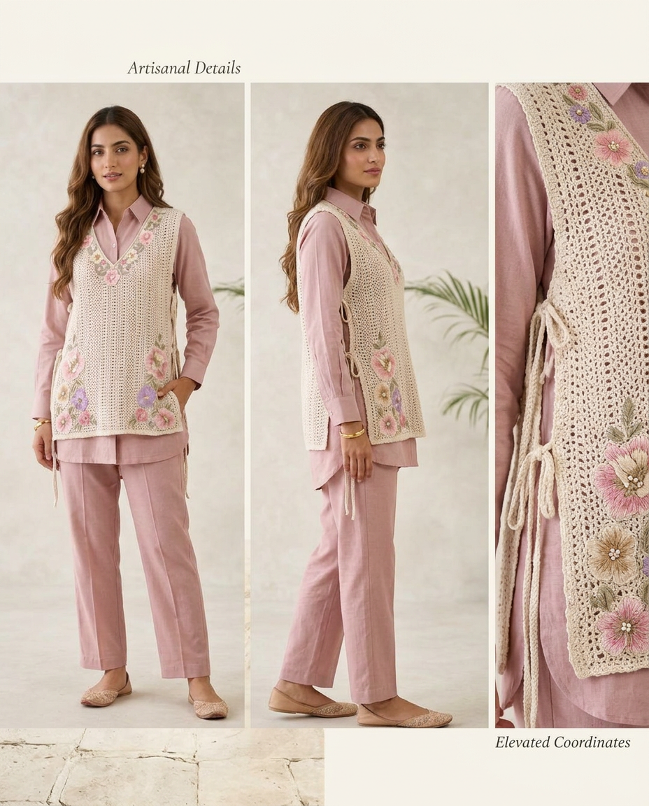 Blush Pink Crochet Tunic Coord Set