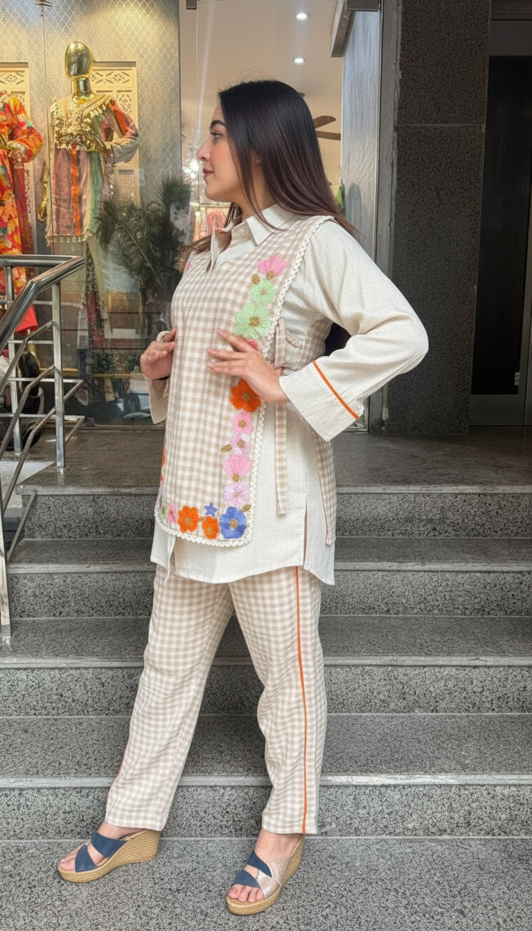 Floral Embroidered Checkered Co-ord Set view 4
