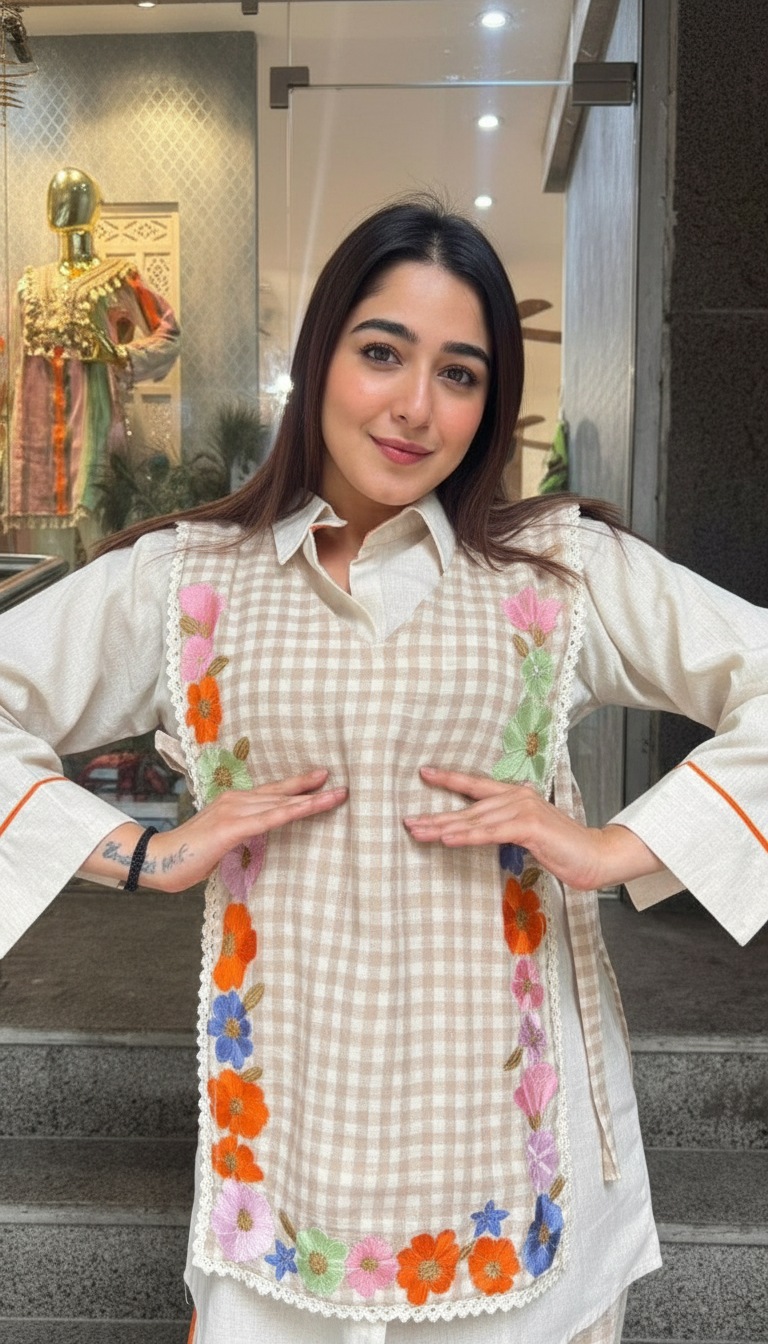 Floral Embroidered Checkered Co-ord Set view 3