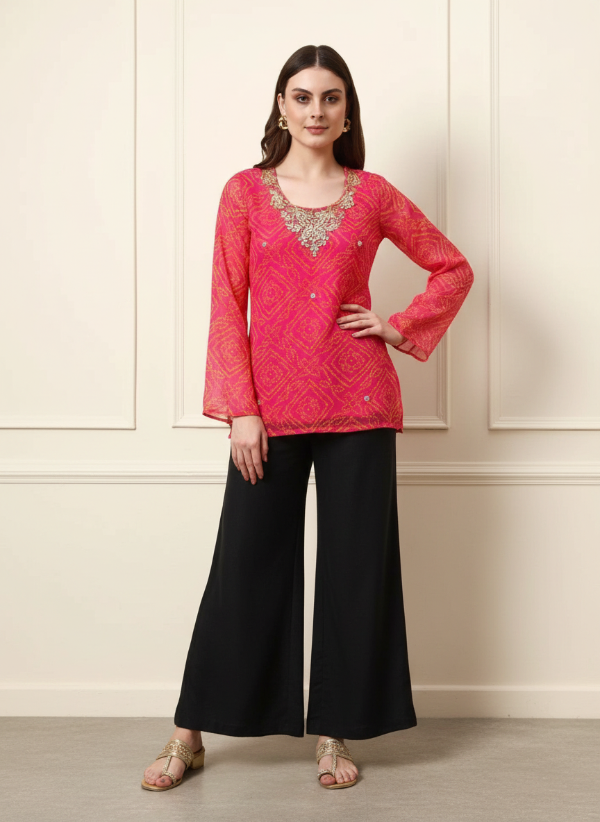 Pink Embroidered Georgette Short Kurti view 2